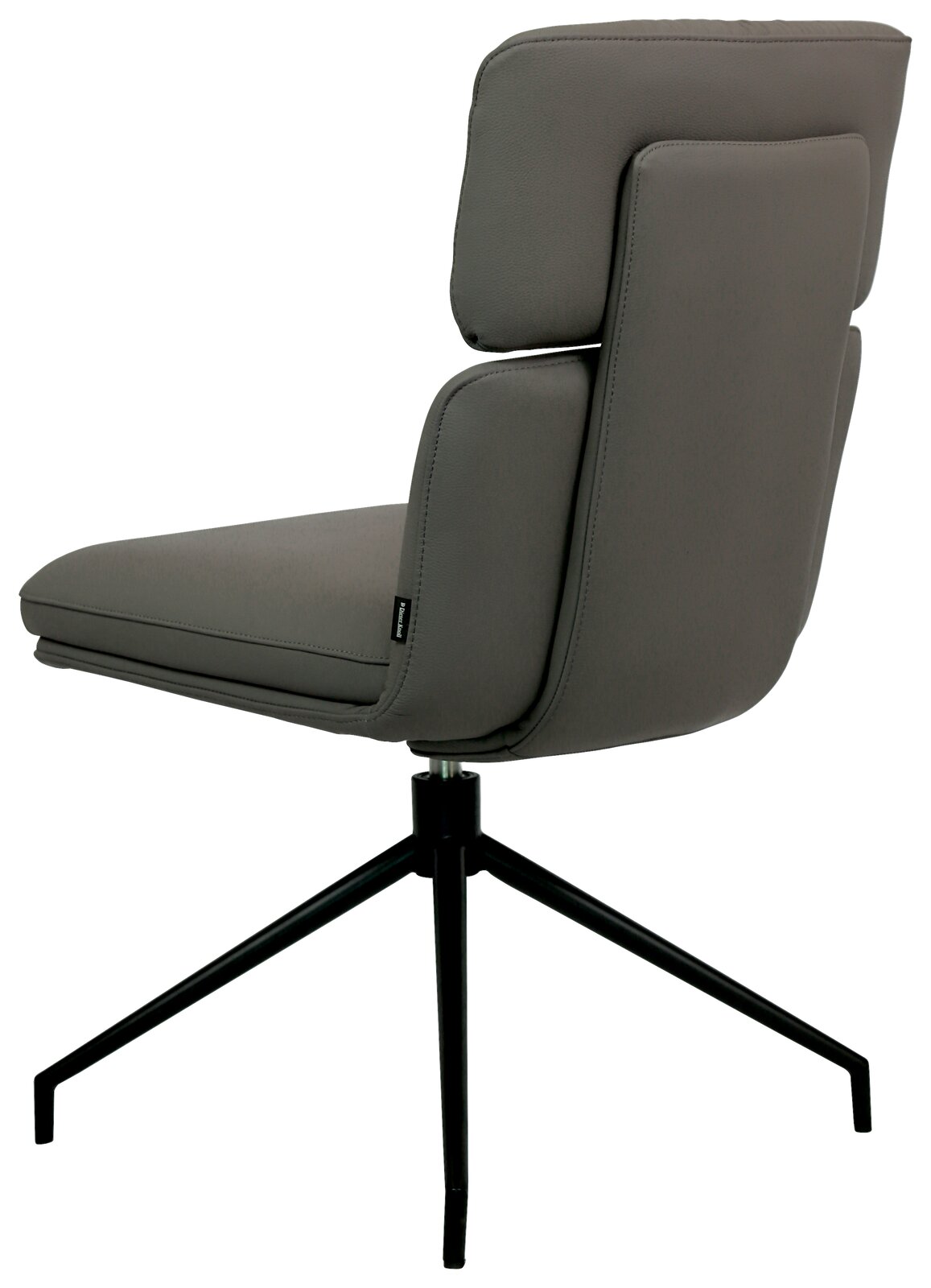 Moderner grauer Stuhl mit gepolsterter Rückenlehne und schwarzem Metallgestell, seitliche Perspektive