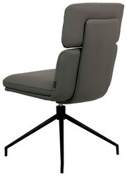 Moderner grauer Stuhl mit gepolsterter Rückenlehne und schwarzem Metallgestell, seitliche Perspektive