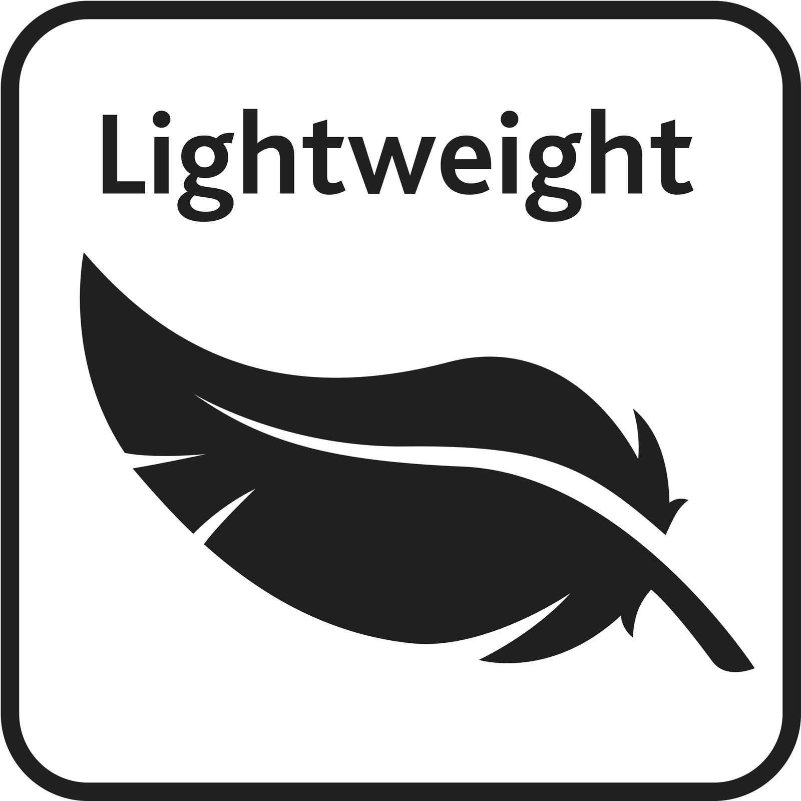Symbol einer schwarzen Feder mit dem Wort 'Lightweight' darüber, Vorderansicht