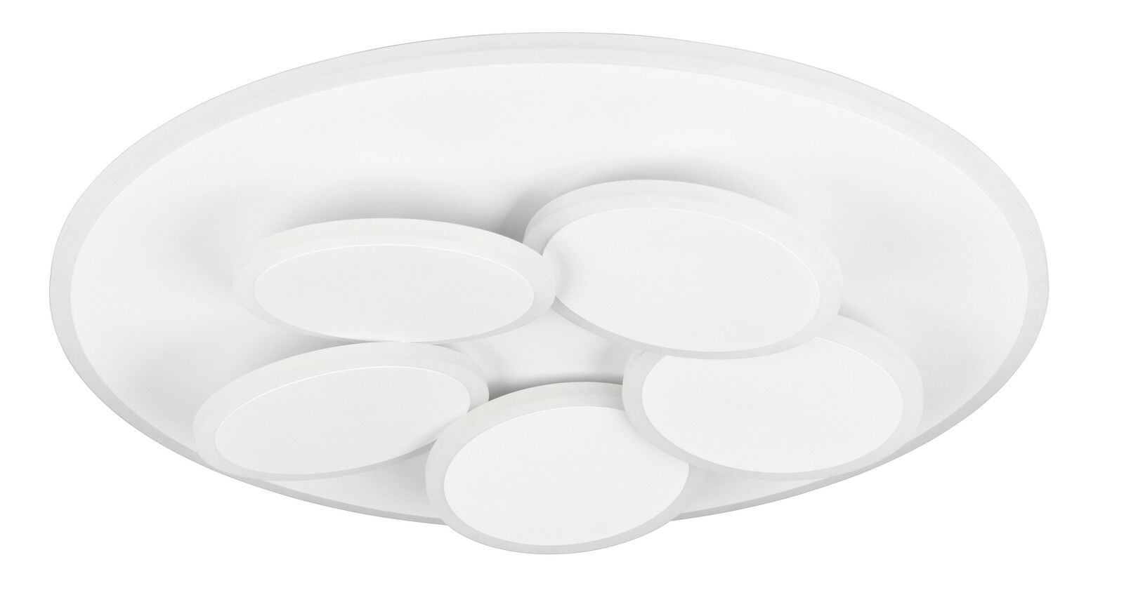 Moderne Deckenleuchte mit fünf runden, weißen Leuchtelementen, von unten betrachtet.