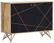 Moderne Kommode mit schwarzer Front und goldenen geometrischen Linien, seitliche Perspektive