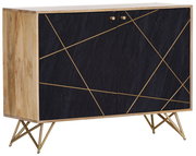 Moderne Kommode mit schwarzer Front und goldenen geometrischen Linien, seitliche Perspektive