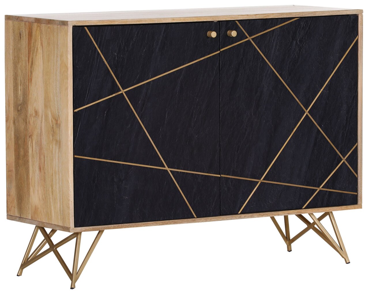 Moderne Kommode mit schwarzer Front und goldenen geometrischen Linien, seitliche Perspektive