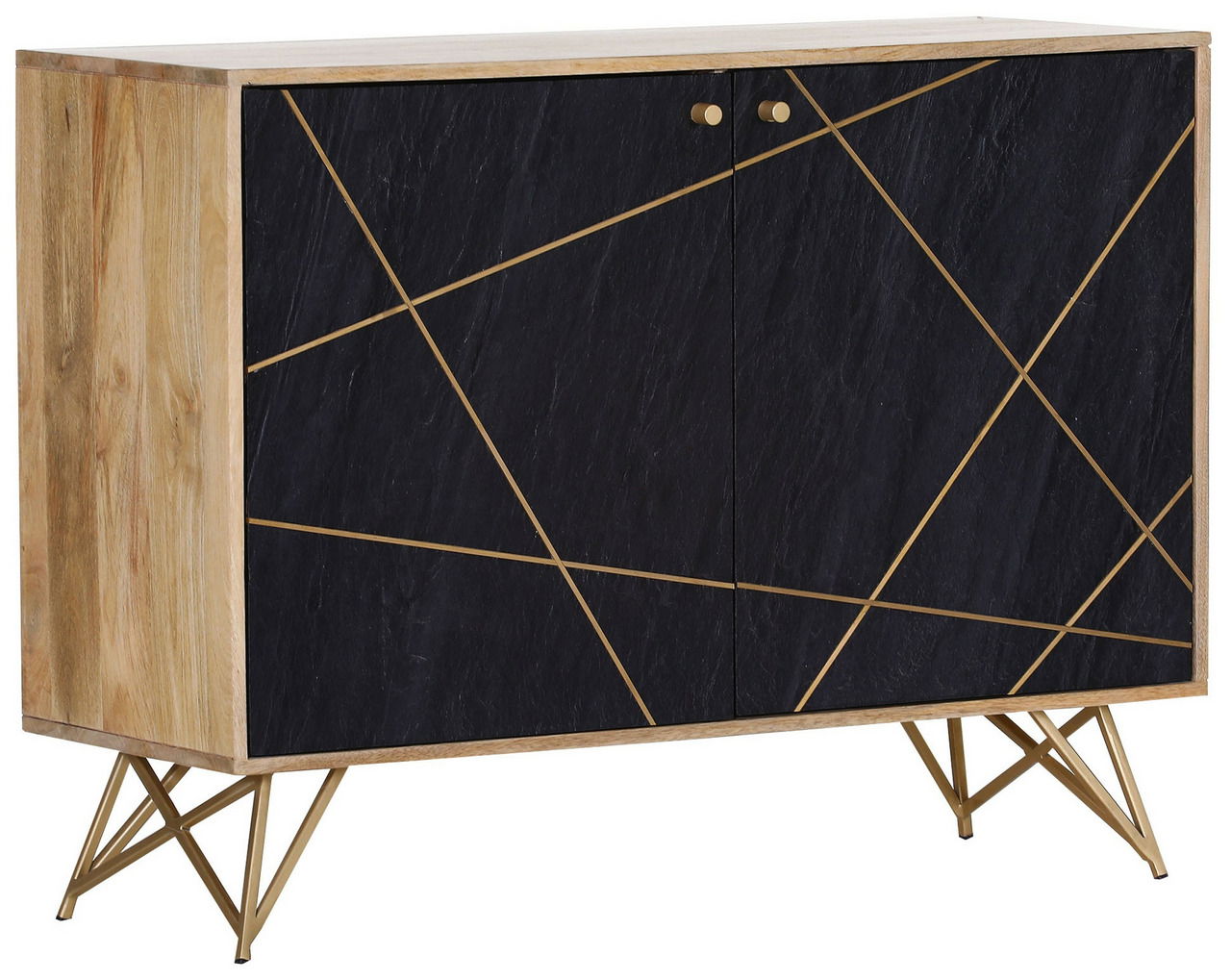 Moderne Kommode mit schwarzer Front und goldenen geometrischen Linien, seitliche Perspektive