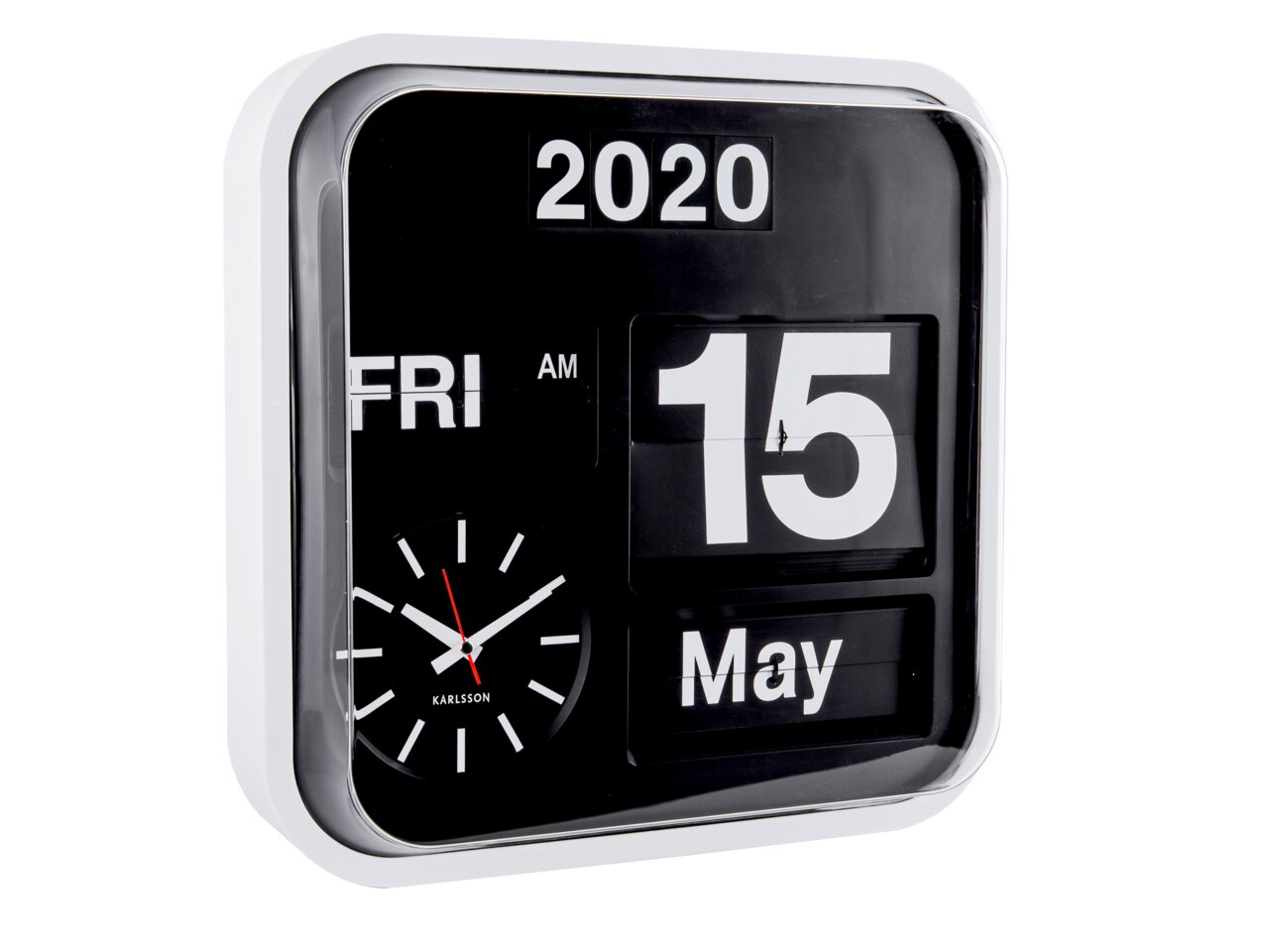 Zijaanzicht van de Big Flip-wandklok met datumweergave en analoge wijzerplaat; het is vrijdag 15 mei 2020.