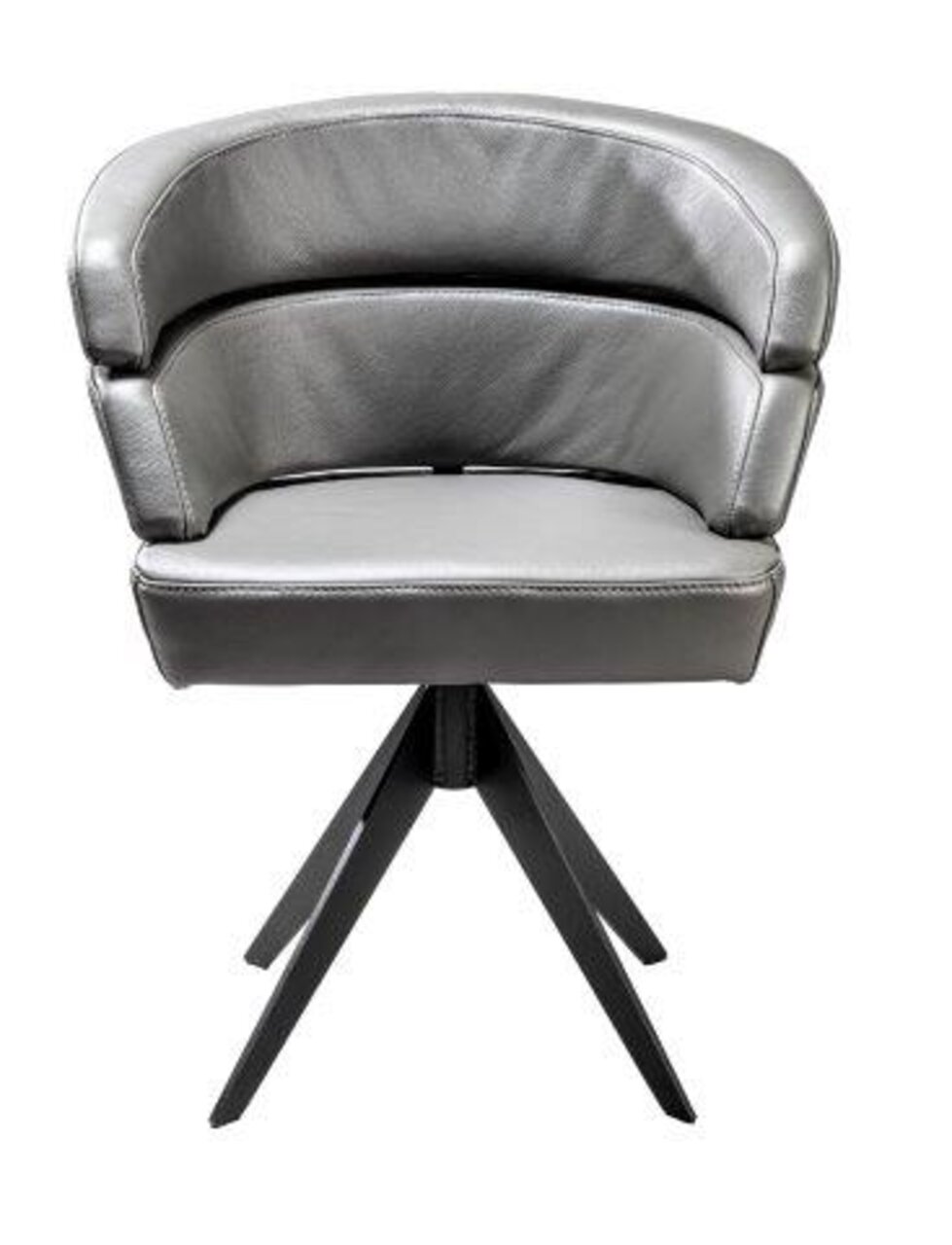 Moderne grijze fauteuil met zwart metalen frame, vooraanzicht