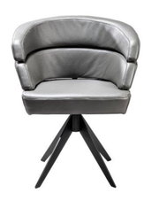 Moderne grijze fauteuil met zwart metalen frame, vooraanzicht
