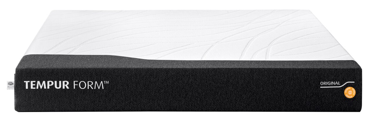 Viscomatratze 160x200 hybrid von vorne mit grauem Rand und weißer Oberseite, Markenname TEMPUR FORM sichtbar.