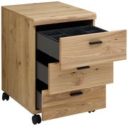 Rollcontainer aus Holz mit drei geöffneten Schubladen, auf Rollen, seitliche Perspektive