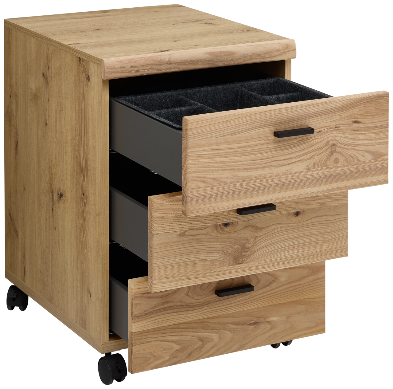 Rollcontainer aus Holz mit drei geöffneten Schubladen, auf Rollen, seitliche Perspektive