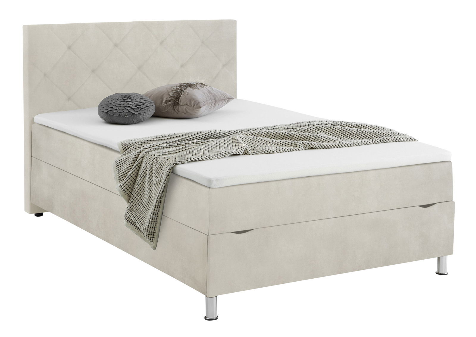 Boxbett in hellem Stoff mit gestepptem Kopfteil, dekoriert mit zwei Kissen und einer Decke, seitliche Perspektive