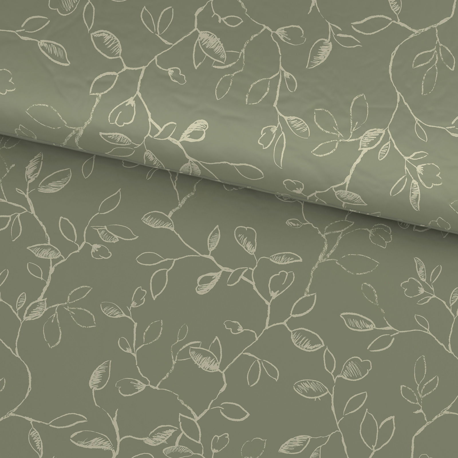 Grüne Bettwäsche mit floralem Muster aus weißen Zweigen und Blättern, Ansicht von oben.