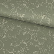 Grüne Bettwäsche mit floralem Muster aus weißen Zweigen und Blättern, Ansicht von oben.