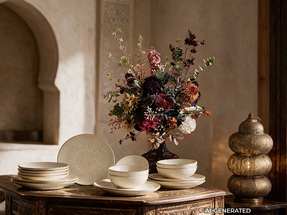 Elegantes Keramikgeschirr auf orientalischem Holztisch mit Blumenstrauß und goldener Laterne.