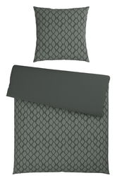 Wendebettwäsche-Set in dunklem Grau mit geometrischem Muster, bestehend aus einem Kissenbezug und einem Bettdeckenbezug, aus der Vogelperspektive.