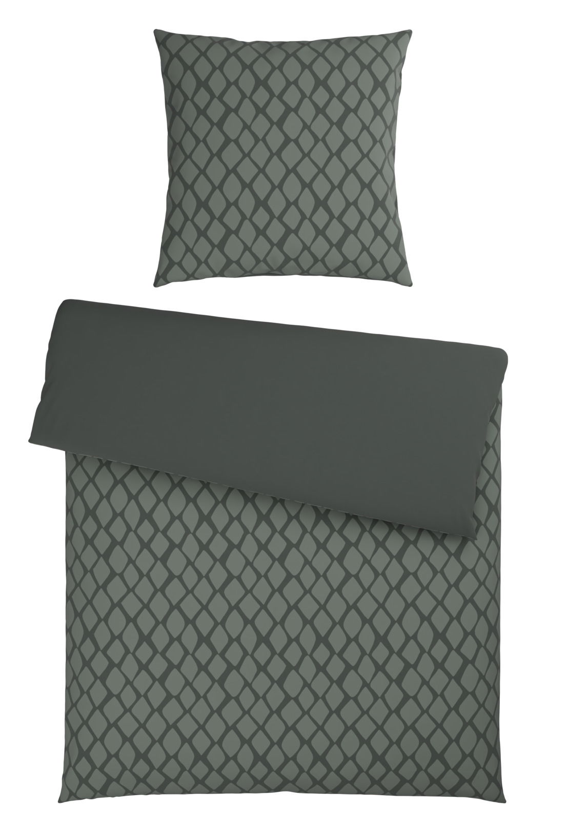 Wendebettwäsche-Set in dunklem Grau mit geometrischem Muster, bestehend aus einem Kissenbezug und einem Bettdeckenbezug, aus der Vogelperspektive.