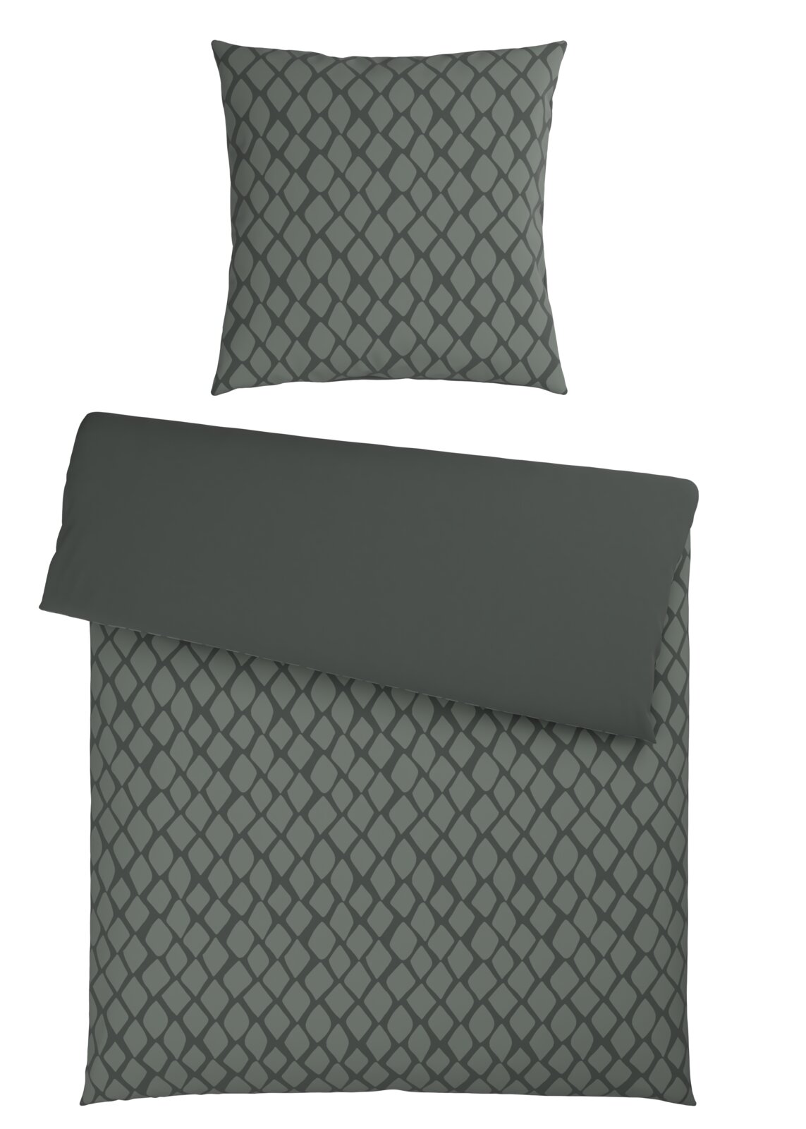Wendebettwäsche-Set in dunklem Grau mit geometrischem Muster, bestehend aus einem Kissenbezug und einem Bettdeckenbezug, aus der Vogelperspektive.