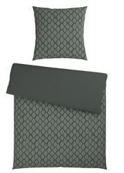 Wendebettwäsche-Set in dunklem Grau mit geometrischem Muster, bestehend aus einem Kissenbezug und einem Bettdeckenbezug, aus der Vogelperspektive.