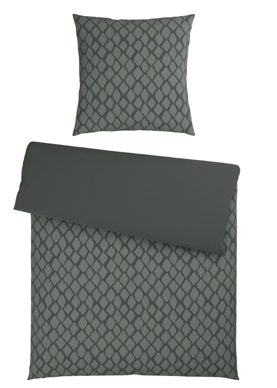 Wendebettwäsche-Set in dunklem Grau mit geometrischem Muster, bestehend aus einem Kissenbezug und einem Bettdeckenbezug, aus der Vogelperspektive.