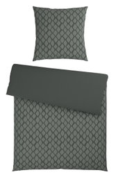 Wendebettwäsche-Set in dunklem Grau mit geometrischem Muster, bestehend aus einem Kissenbezug und einem Bettdeckenbezug, aus der Vogelperspektive.