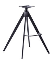 Schwarzes Metallgestell eines Barstuhls mit drei Beinen und Fußstütze, seitliche Perspektive