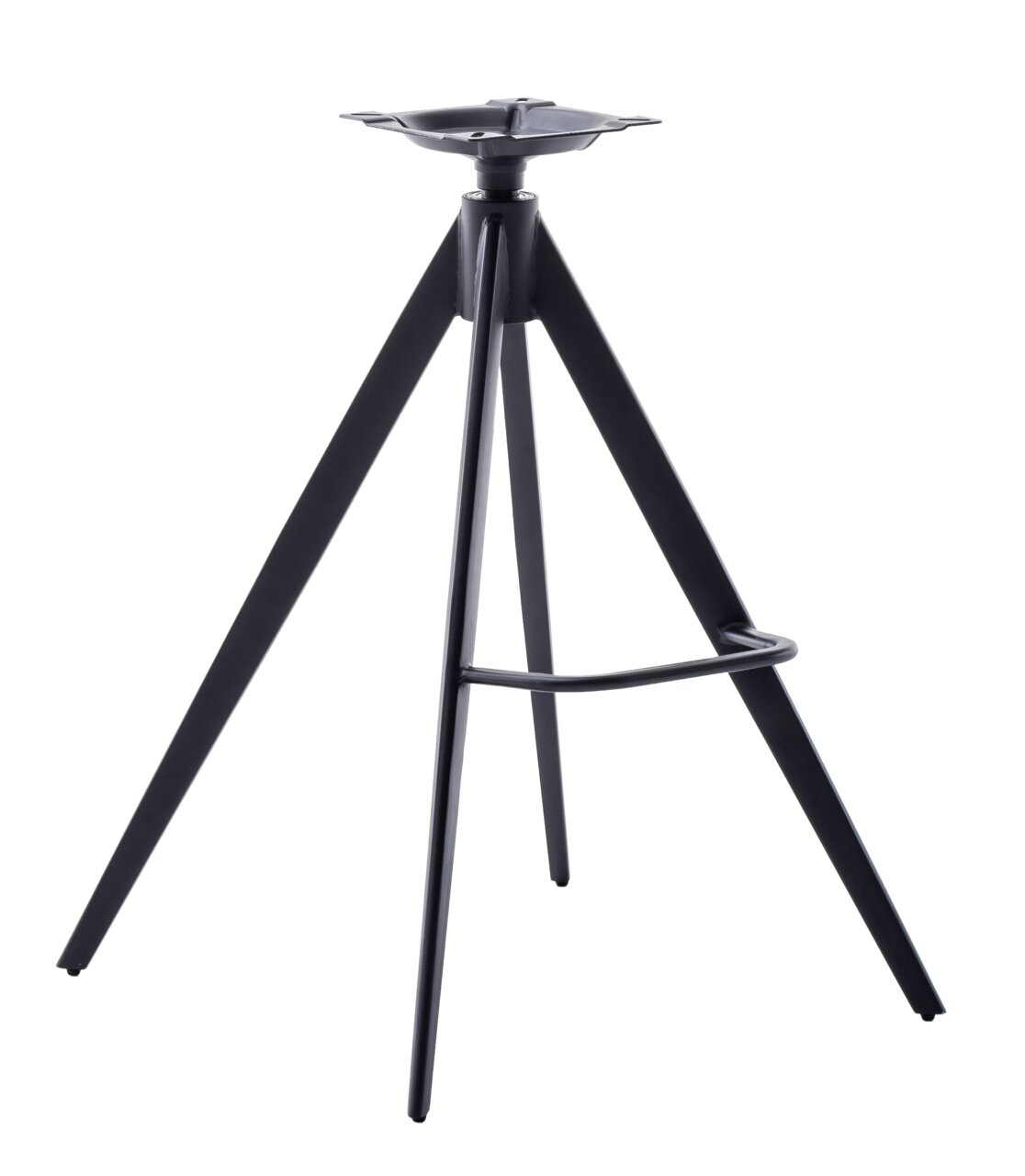 Schwarzes Metallgestell eines Barstuhls mit drei Beinen und Fußstütze, seitliche Perspektive