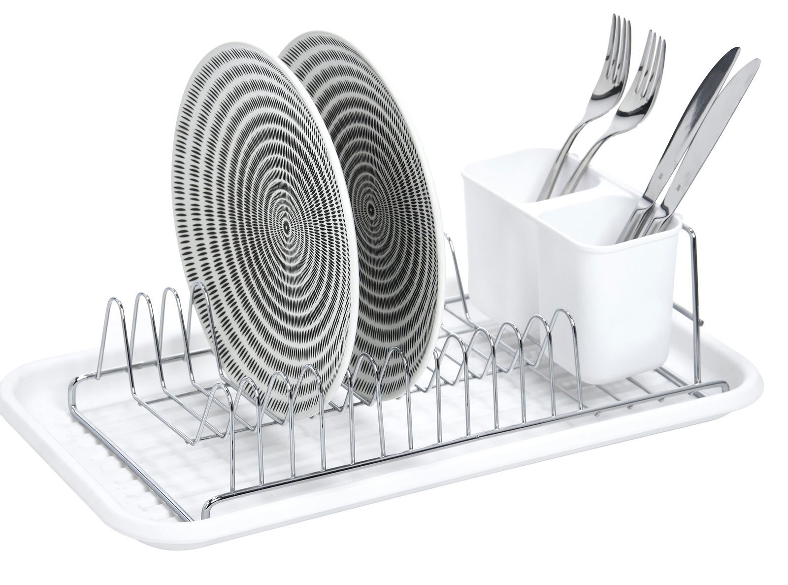 Zeller Present Geschirrabtropfständer Geschirrabtropfständer aus Metall mit zwei gestapelten Tellern und Besteckhalter, seitliche Perspektive