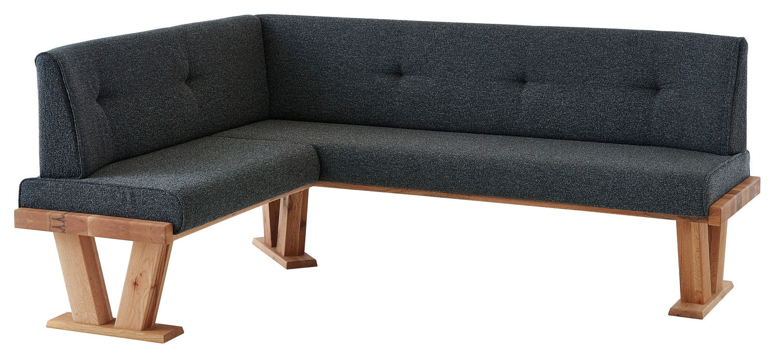 Eckbank mit dunkelgrauem Stoffbezug und Holzgestell, seitliche Perspektive