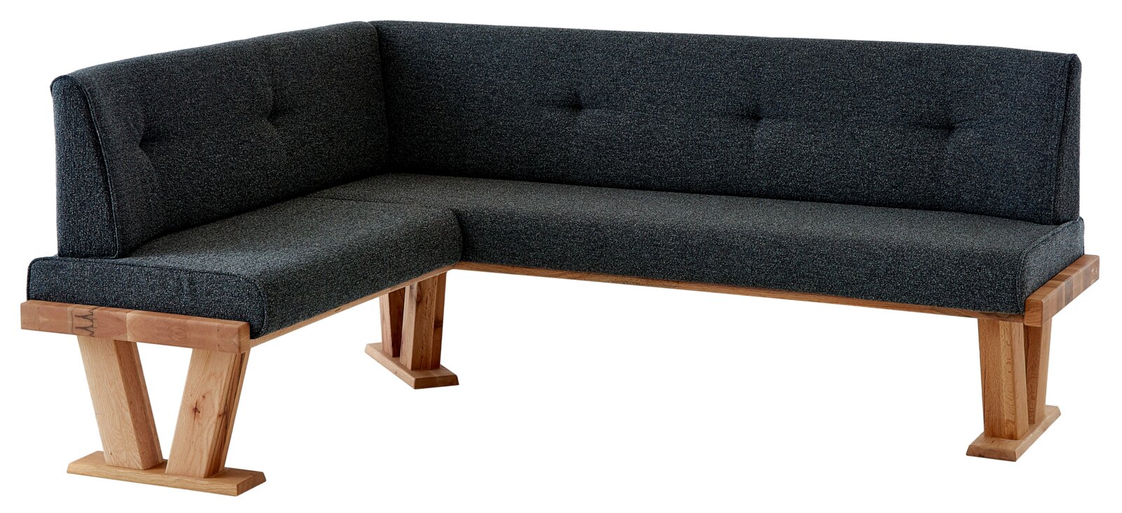 Hoekbank met donkergrijze stoffen bekleding en houten frame, zijaanzicht