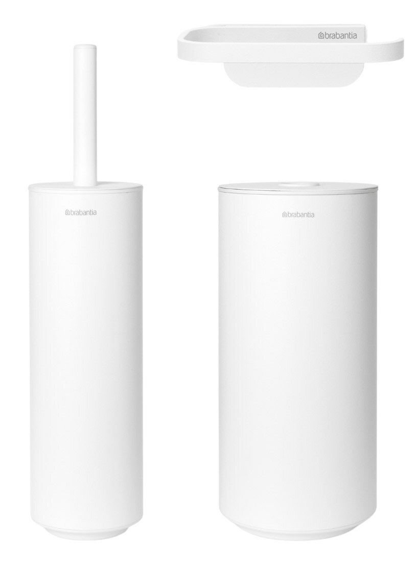 Brabantia 3-teiliges Zubehör-Set MINDSET Weißes 3-teiliges Badezimmer-Zubehör-Set bestehend aus einer Toilettenbürste, einem Abfalleimer und einem Wandregal, frontal abgebildet.