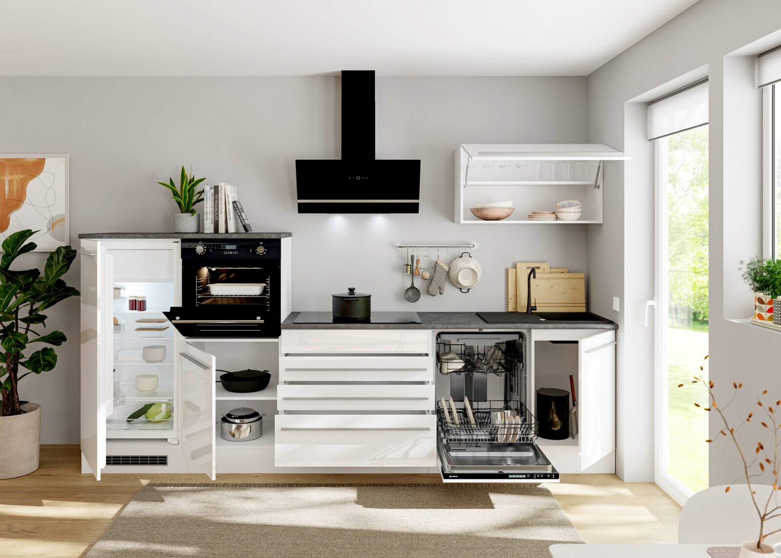 Moderne witte keukenopstelling met grijs werkblad en zwarte afzuigkap, met openstaande koelkast, oven, lade, vaatwasser en onderkast bij de spoelbak; perspectief: frontaal, licht schuin van rechts.