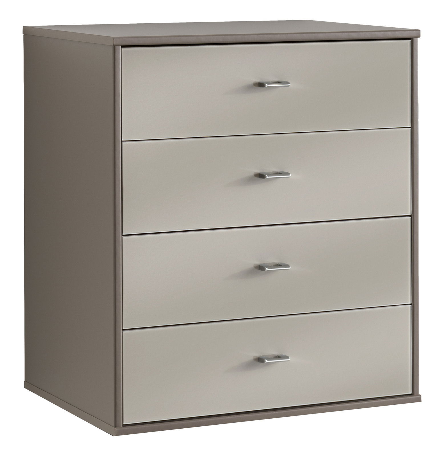 Schubkastenkommode mit vier Schubladen in moderner, minimalistischer Optik, seitliche Perspektive