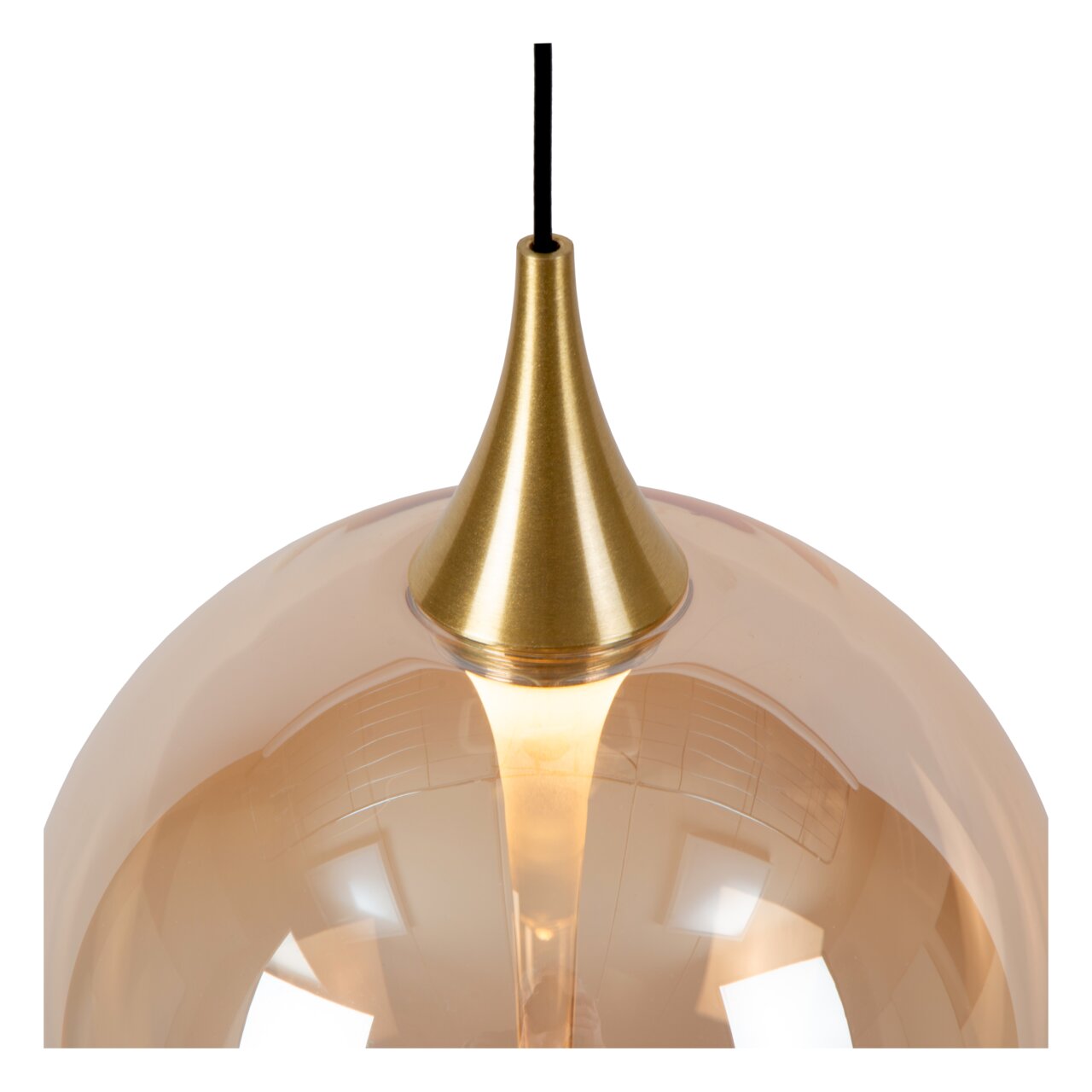Nahaufnahme einer Hängeleuchte mit goldener Spitze und transparentem, kugelförmigem Schirm, von oben betrachtet.