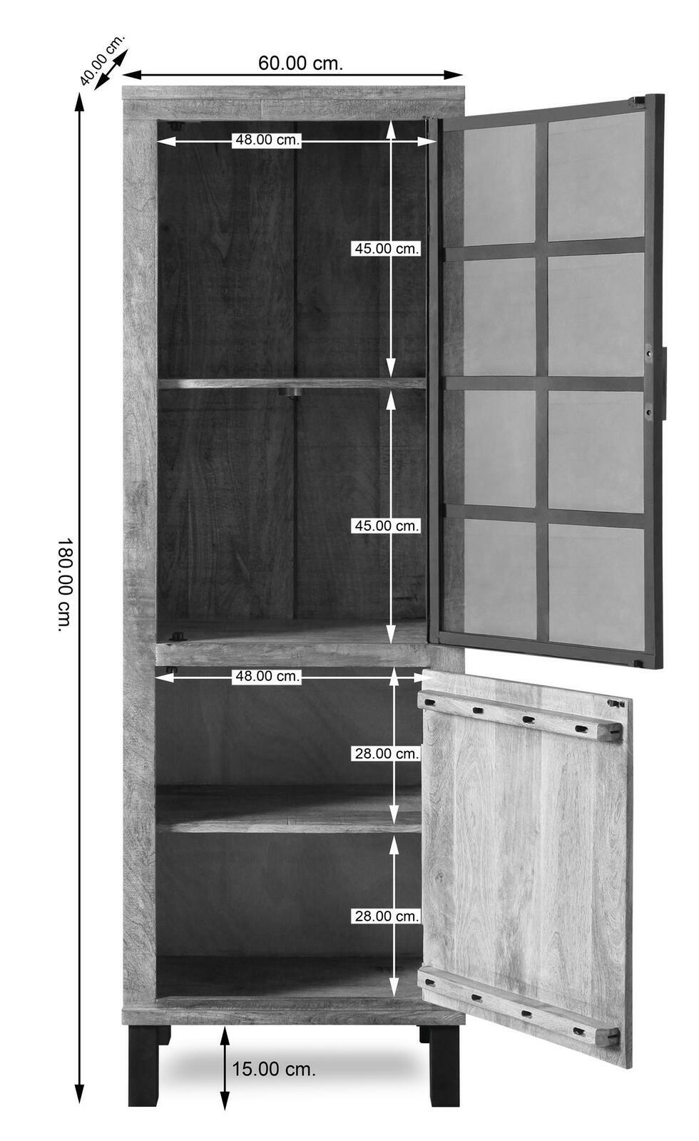 Vitrine aus Holz mit zwei Türen, eine mit Glaseinsatz, in geöffneter Frontansicht. Maße: 180 cm hoch, 60 cm breit, 40 cm tief.