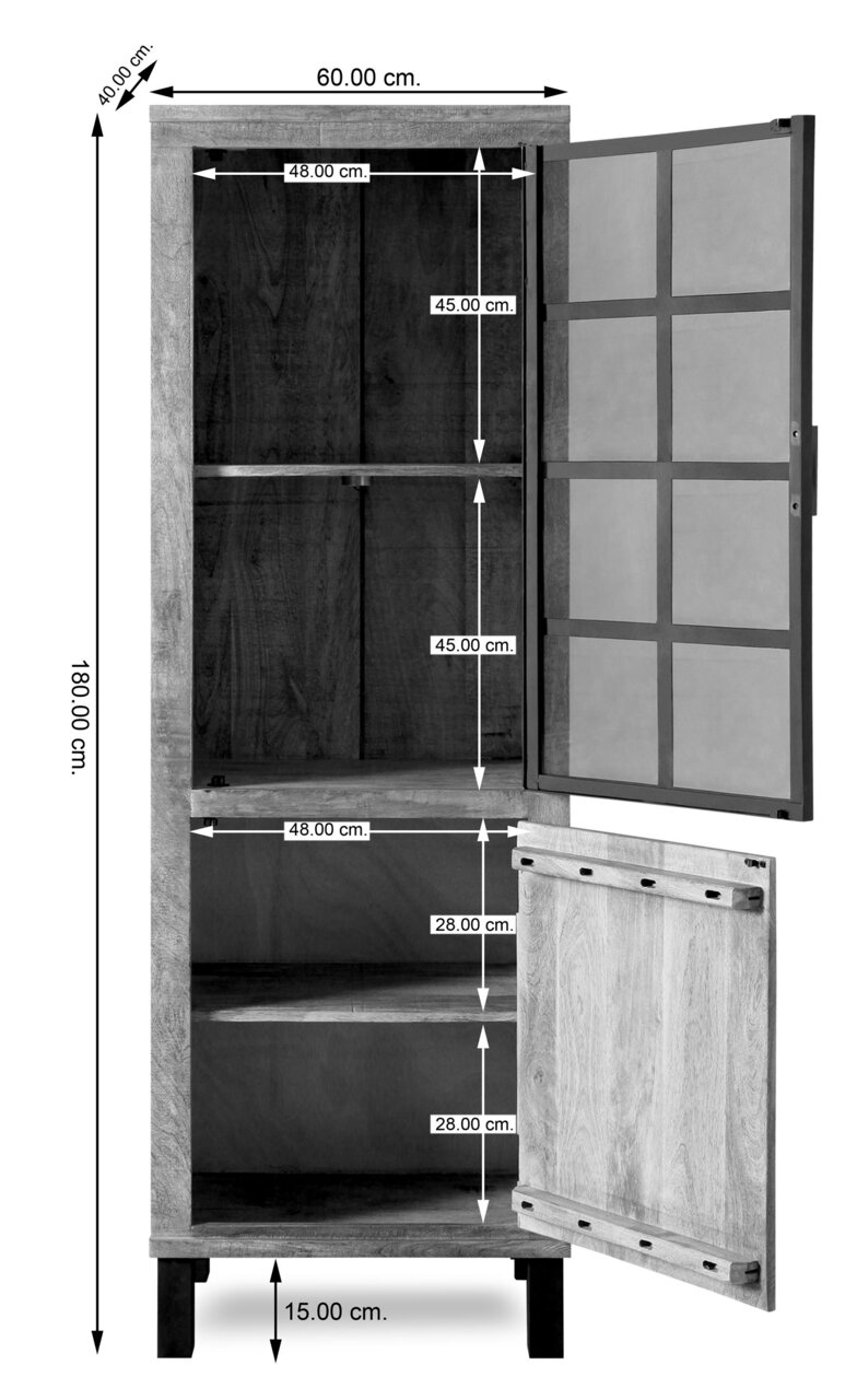 Houten vitrinekast met twee deuren, waarvan één met glazen paneel, gezien vanaf de voorkant in geopende toestand. Afmetingen: 180 cm hoog, 60 cm breed, 40 cm diep.
