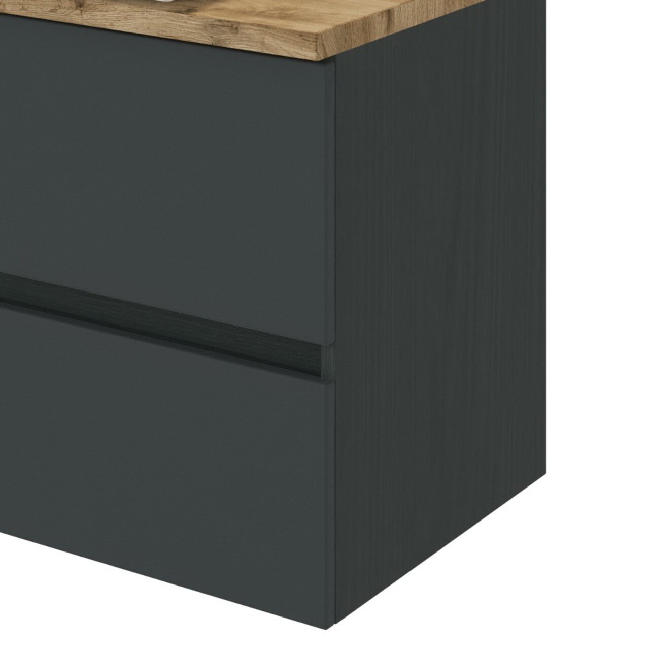 Moderne wastafel met donker front en houten blad, zijaanzicht