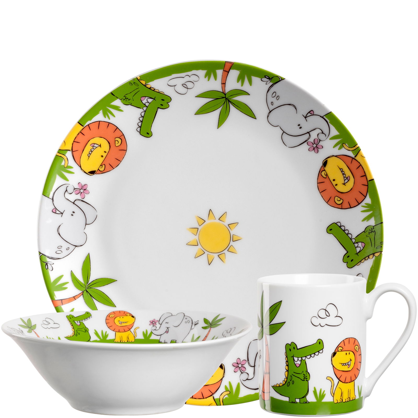 Kindergeschirr-Set mit bunten Tiermotiven, bestehend aus Teller, Schale und Tasse, aus der Vorderansicht fotografiert.