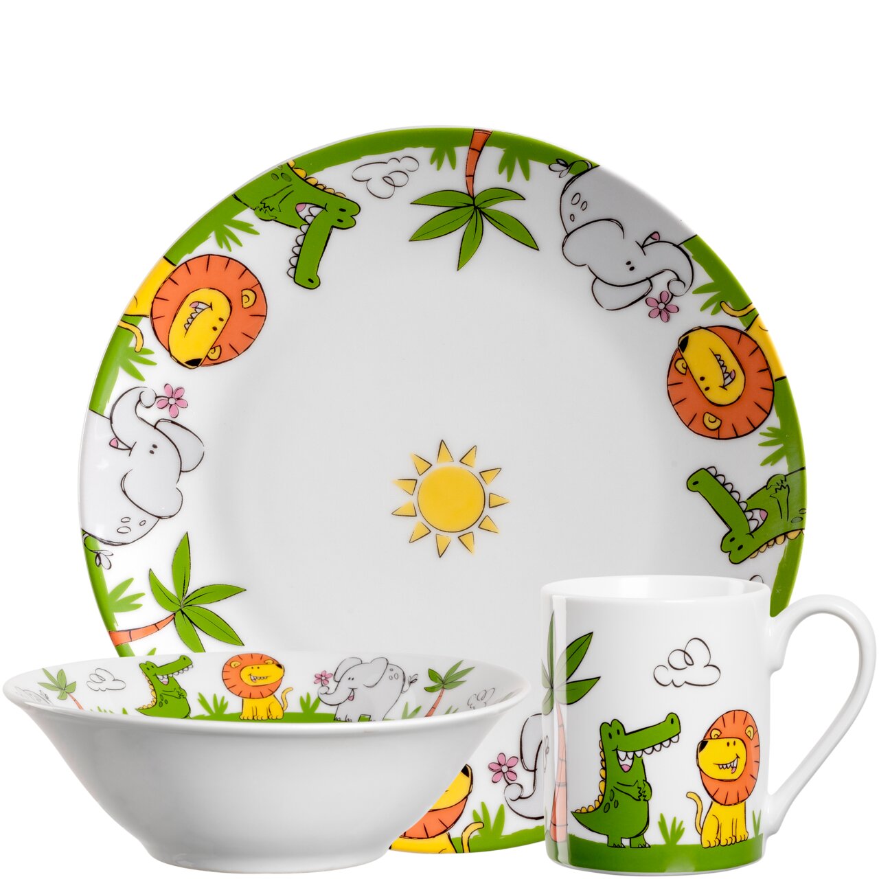 Leonardo Kindergeschirr 3-tlg. BAMBINI Kindergeschirr-Set mit bunten Tiermotiven, bestehend aus Teller, Schale und Tasse, aus der Vorderansicht fotografiert.