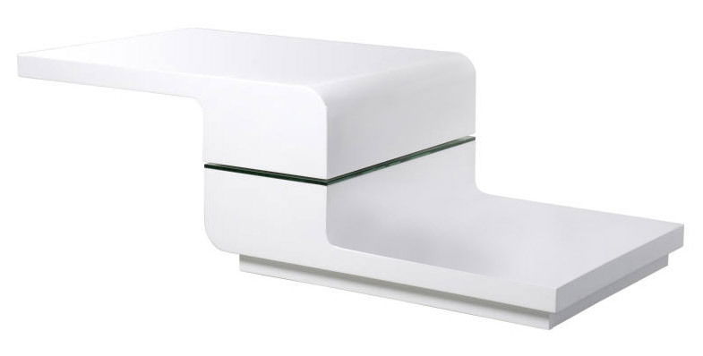 Moderner weißer Couchtisch mit geschwungenem Design, seitliche Perspektive