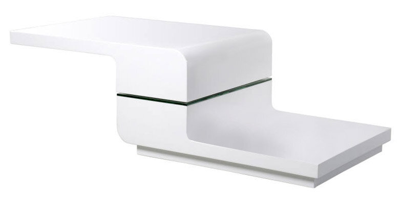 Moderner weißer Couchtisch mit geschwungenem Design, seitliche Perspektive