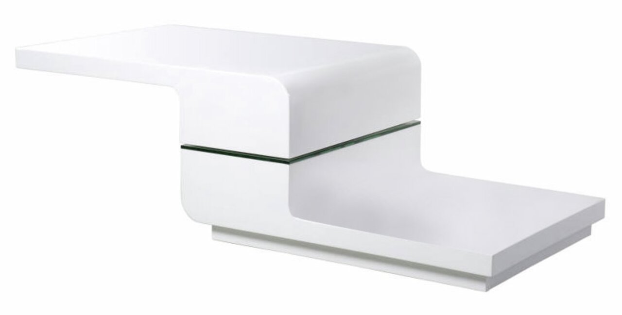 Moderner weißer Couchtisch mit geschwungenem Design, seitliche Perspektive