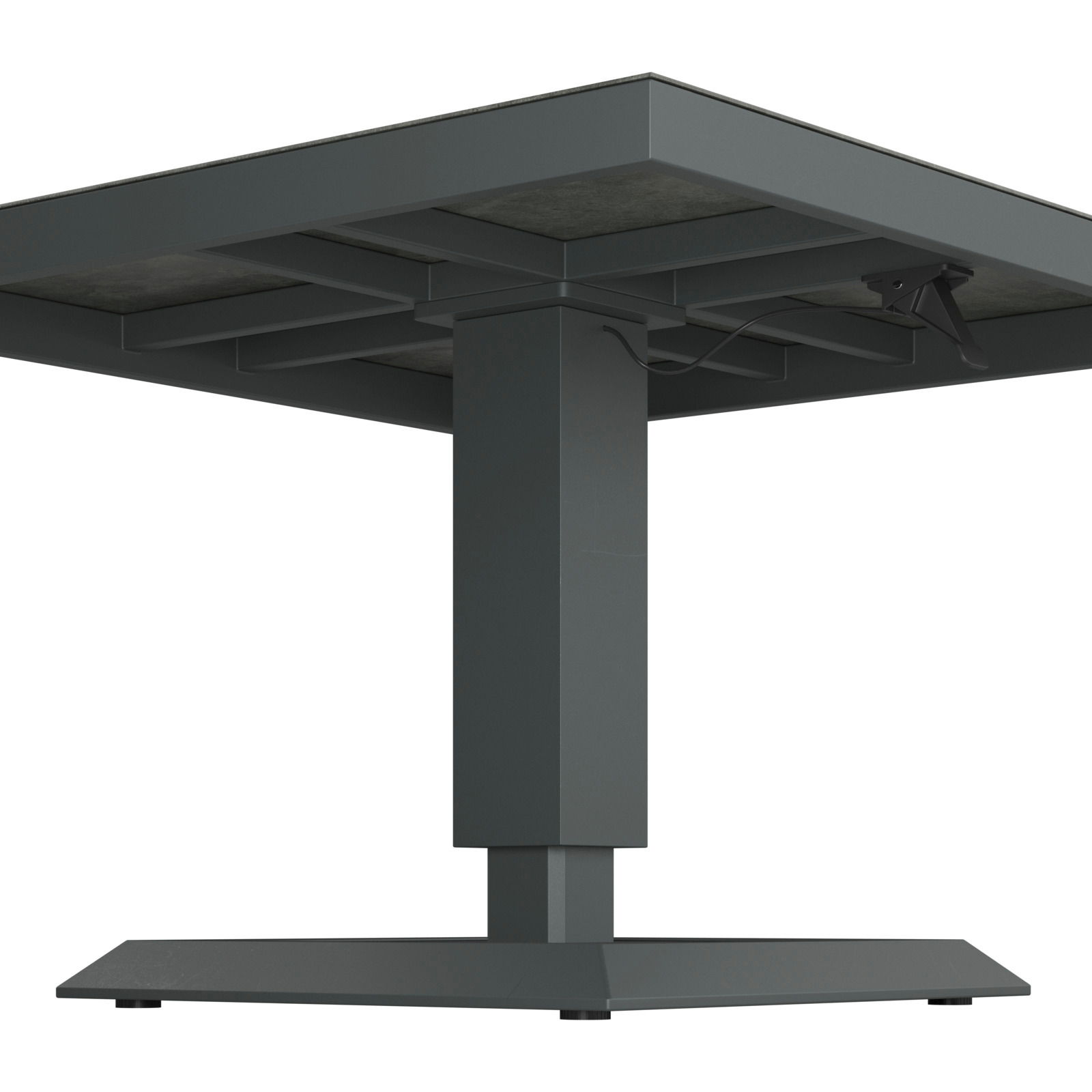 Moderner Tisch mit stabilem Metallfuß, seitliche Perspektive von unten