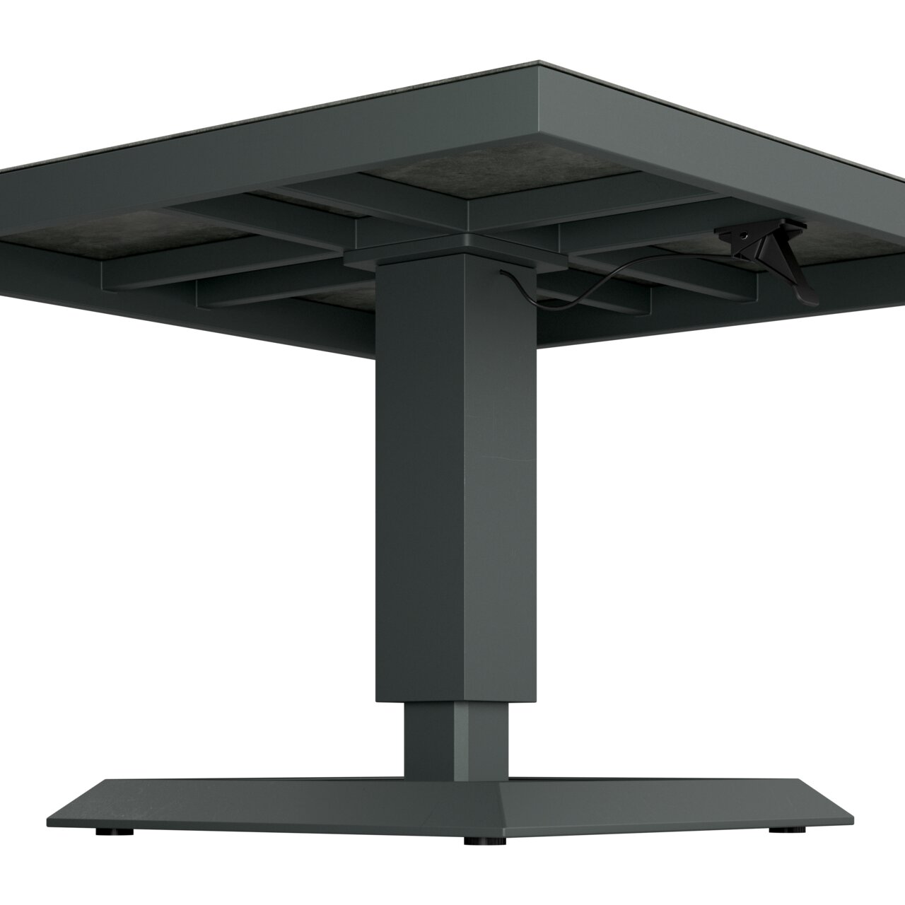 Moderner Tisch mit stabilem Metallfuß, seitliche Perspektive von unten