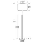 Technische Zeichnung einer Stehleuchte mit zylindrischem Lampenschirm, Höhe 1570 mm, Schirmdurchmesser 500 mm, Seitenansicht.