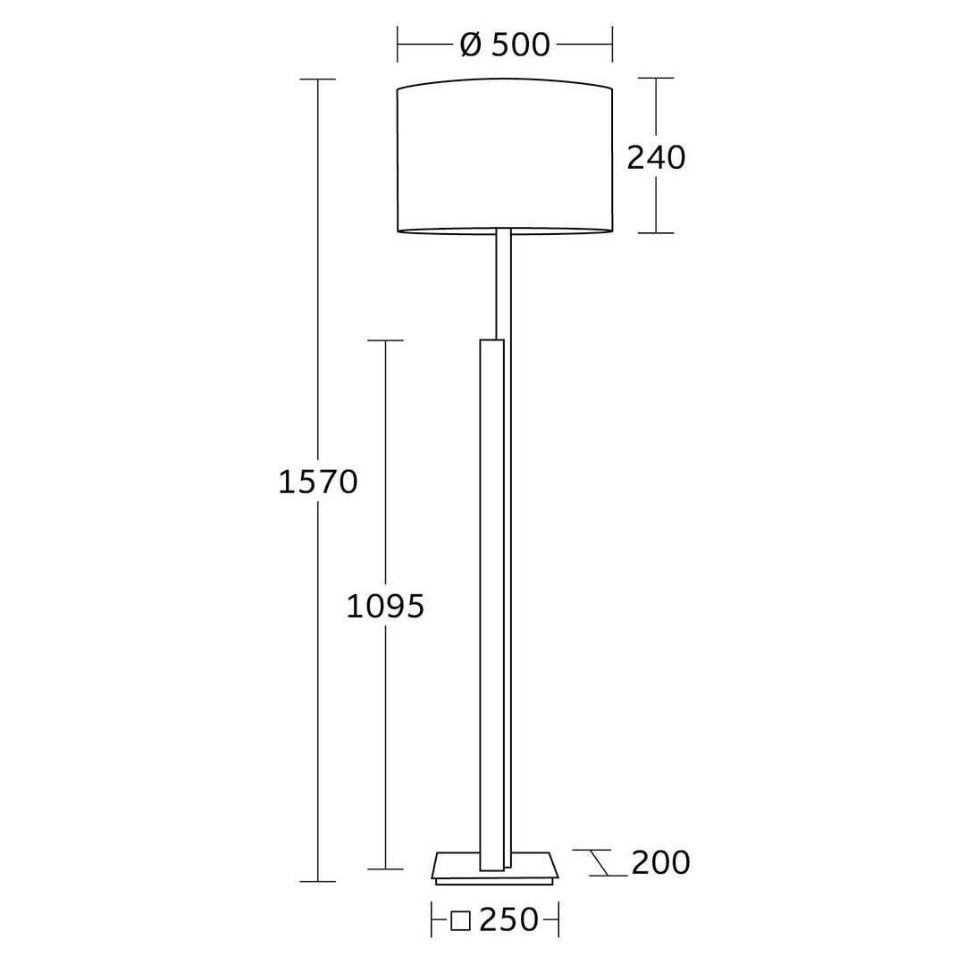 Technische Zeichnung einer Stehleuchte mit zylindrischem Lampenschirm, Höhe 1570 mm, Schirmdurchmesser 500 mm, Seitenansicht.