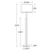 Technische Zeichnung einer Stehleuchte mit zylindrischem Lampenschirm, Höhe 1570 mm, Schirmdurchmesser 500 mm, Seitenansicht.