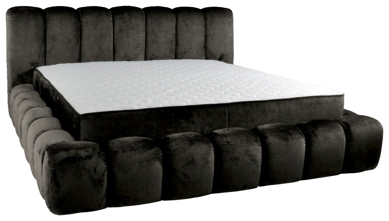 Stoffen bed met donkere bekleding, doorgestikt hoofdeinde en zijaanzicht