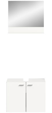 Frontansicht eines weißen Waschbeckenunterschranks mit zwei Türen und einem darüber hängenden Spiegel.