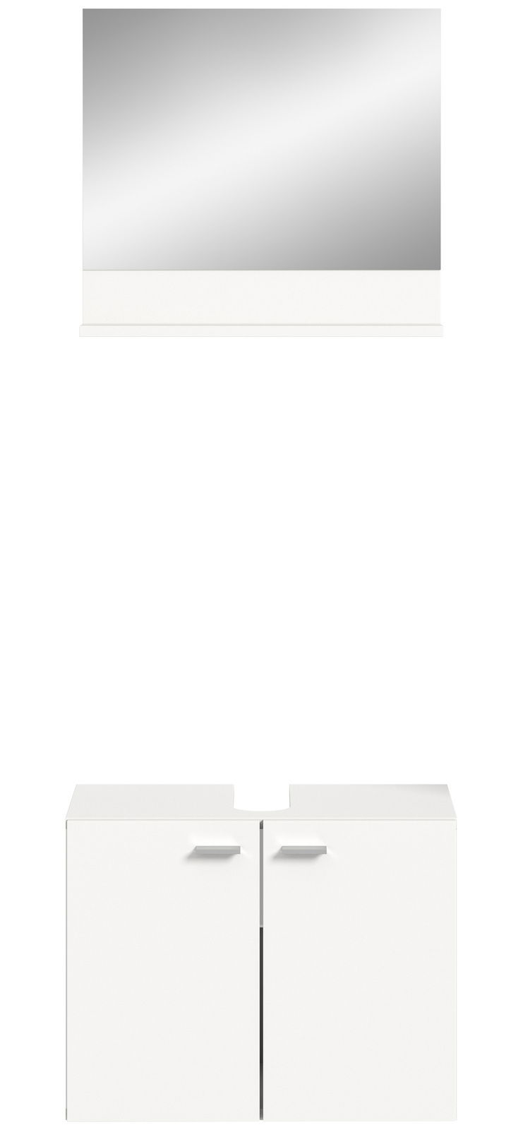 Frontansicht eines weißen Waschbeckenunterschranks mit zwei Türen und einem darüber hängenden Spiegel.