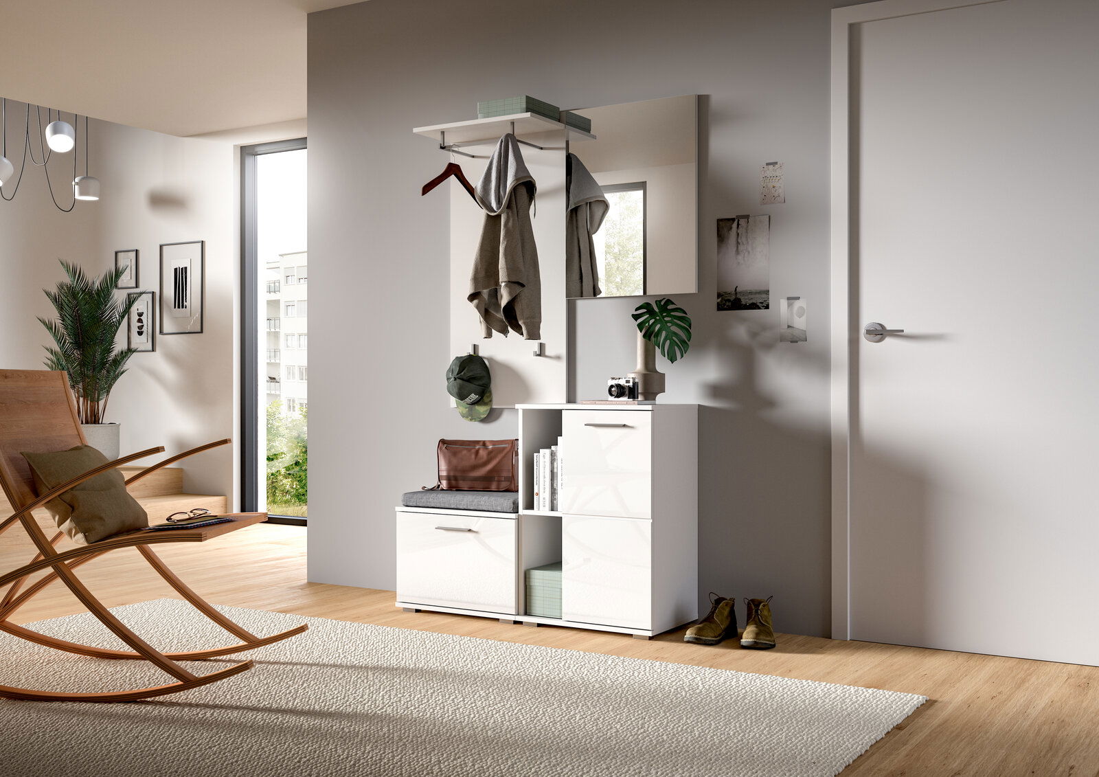 MID.YOU Schuhkommode PREGO Moderne Schuhkommode in Weiß mit Spiegel und Garderobenhaken, seitliche Perspektive